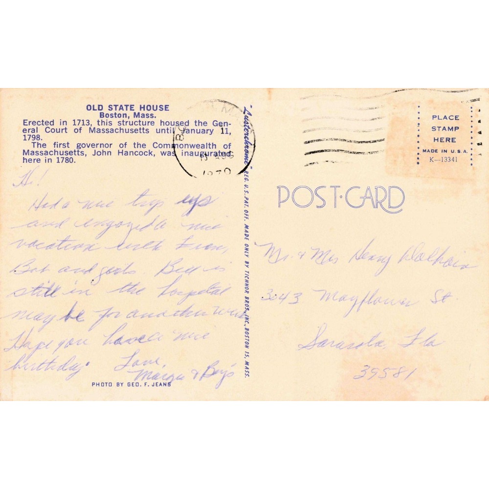 Vintage Old State House Boston Massachusetts Lusterchrome Postcard 1970 Postmark - Picture 2 of 2